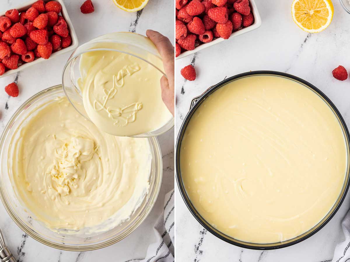 Collage of 2 images showing someone pouring melted white chocolate into cheesecake mixture, and cheesecake mixture in a round pan on a marble background ready to be cooked.