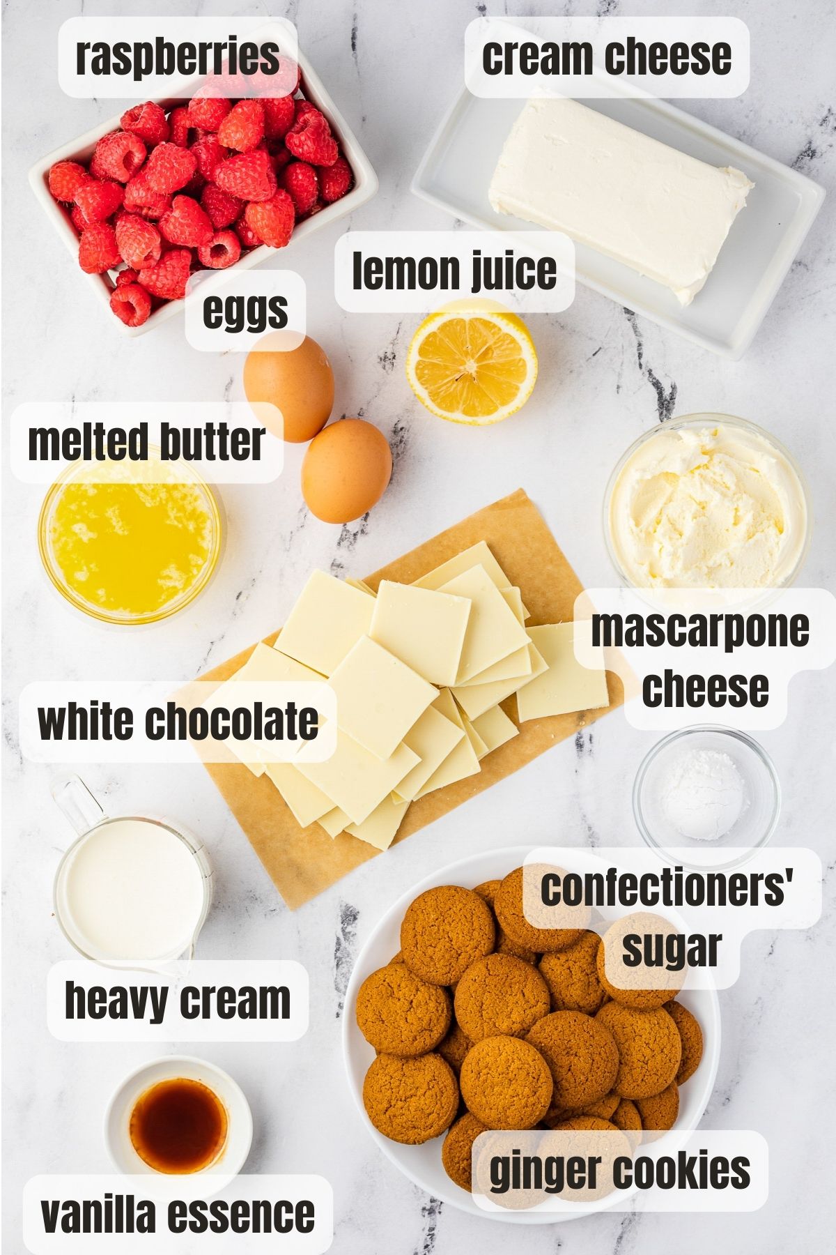 Overhead collage of all the ingredients needed to make a baked white chocolate cheesecake with raspberry puree including cream cheese, mascarpone cheese, white chocolate, vanilla essence, ginger cookies and butter, confectioners' sugar, heavy cream, lemon juice and eggs.
