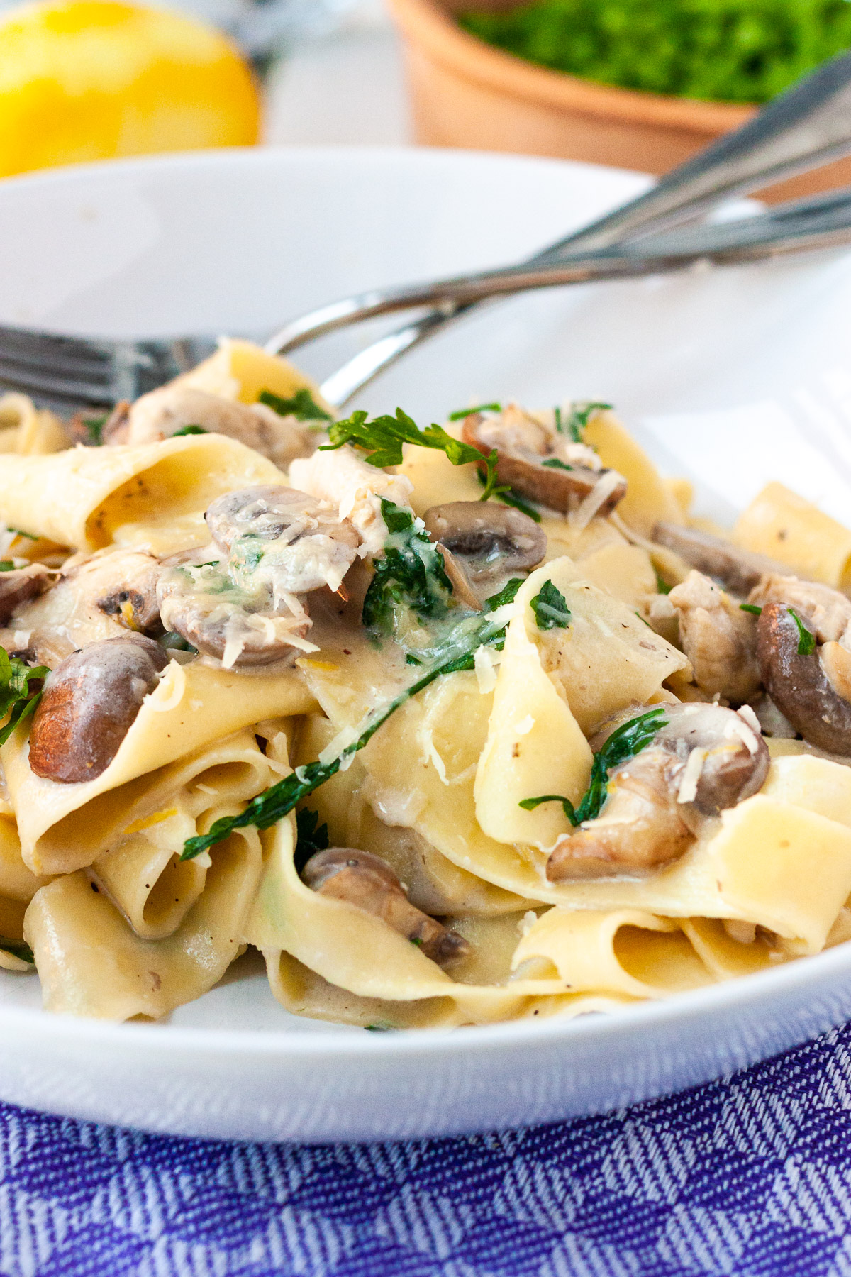 A closeup image of a white bowl of chicken and mushroom pappardelle with a knife and fork on a purple checked tea towel and with a bowl of peas and a lemon in the background.