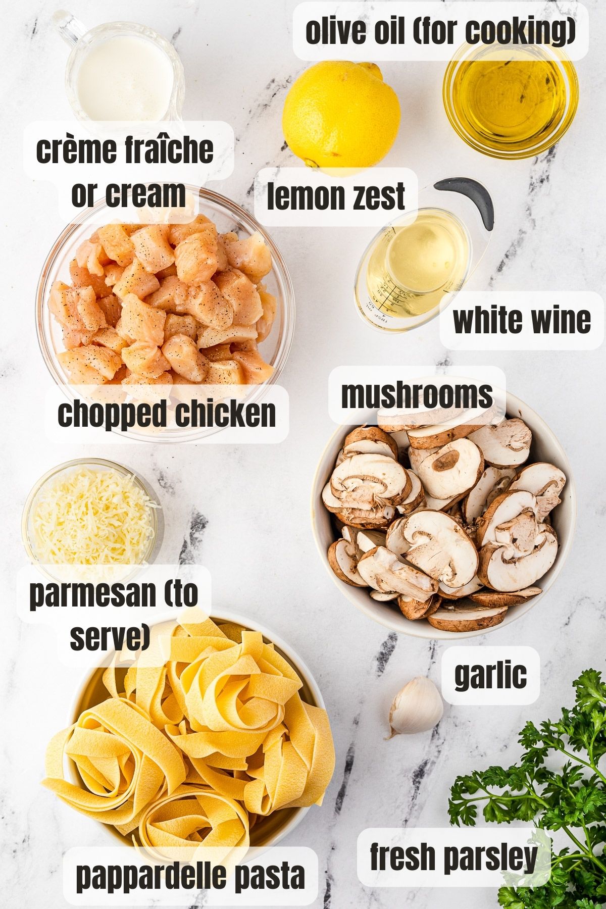 Overhead view of all the ingredients needed for chicken and mushroom pappardelle including pappardelle pasta, fresh parsley, garlic, parmesan, sliced mushrooms, chopped chicken, white wine, olive oil, lemon zest and cream.