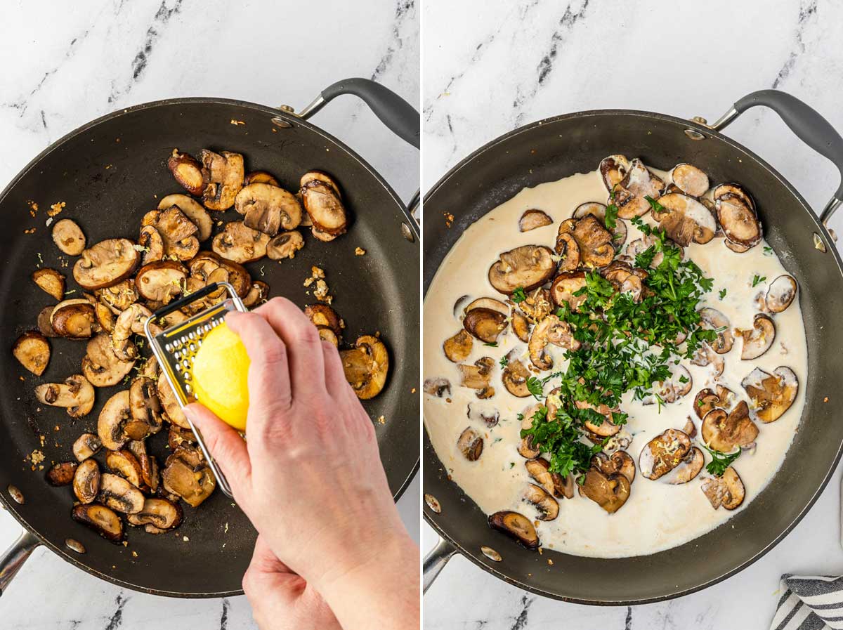 Collage of 2 images showing cooked mushrooms in a pan with someone grated lemon zest in and the same pan of mushrooms with liquid and herbs added.