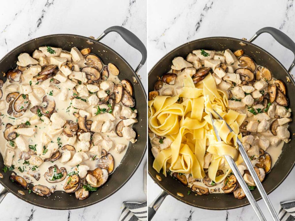 Collage of 2 images showing chicken and mushroom sauce mixture in a pan and the same pan with pappardelle pasta added and someone using tongs to mix together.