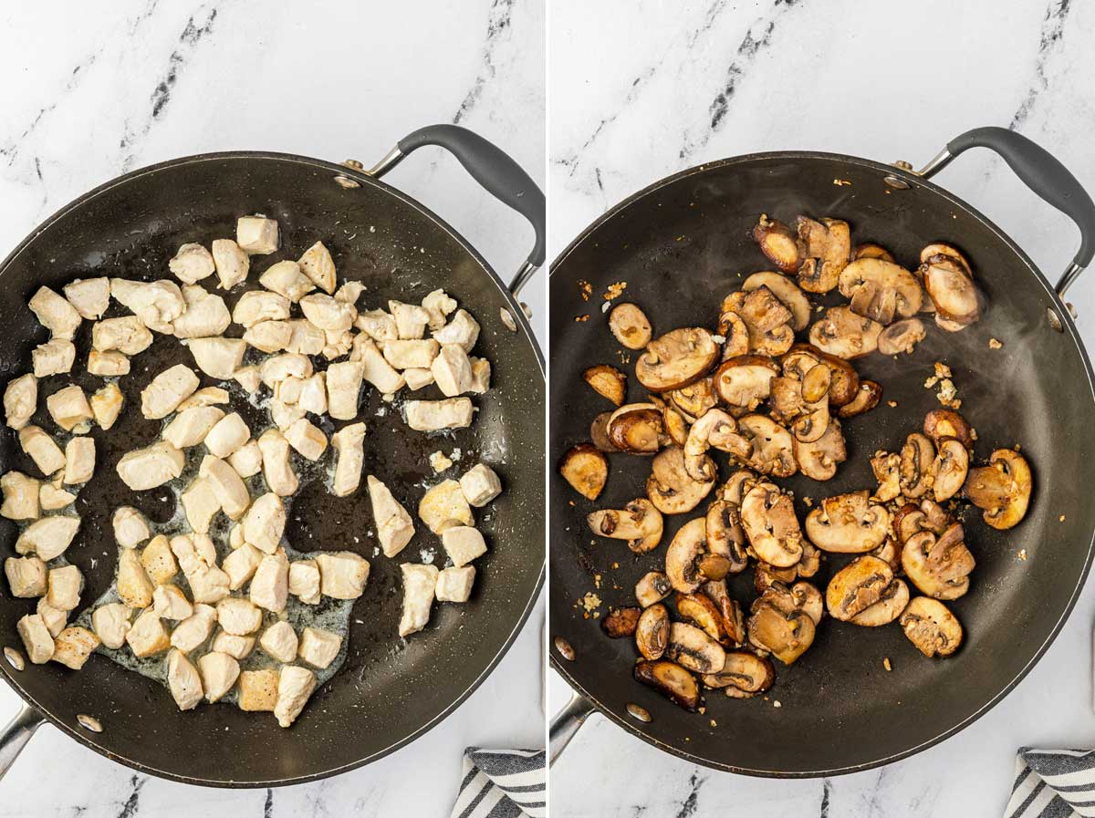 Collage of 2 images showing chopped chicken being cooked in a pan and then mushrooms and garlic being cooked in a pan.