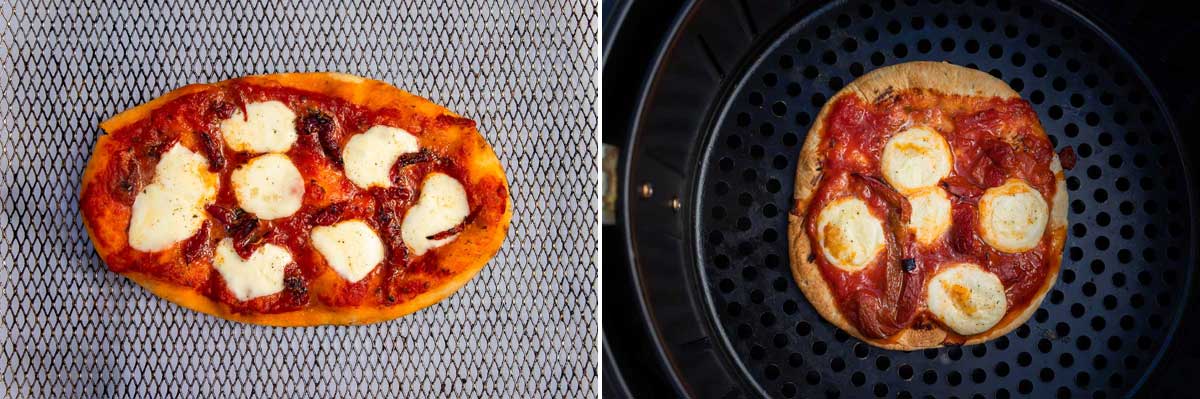 Collage of 2 images showing cooked naan pizza, first in an oven style air fryer basket, and second in a basket style small air fryer basket.