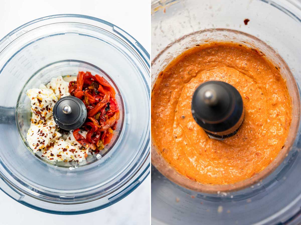 Collage of 2 images showing all ingredients for a spicy feta dip or tyrokafteri in the bowl of a food processor and then with the ingredients all blended together to make a dip.