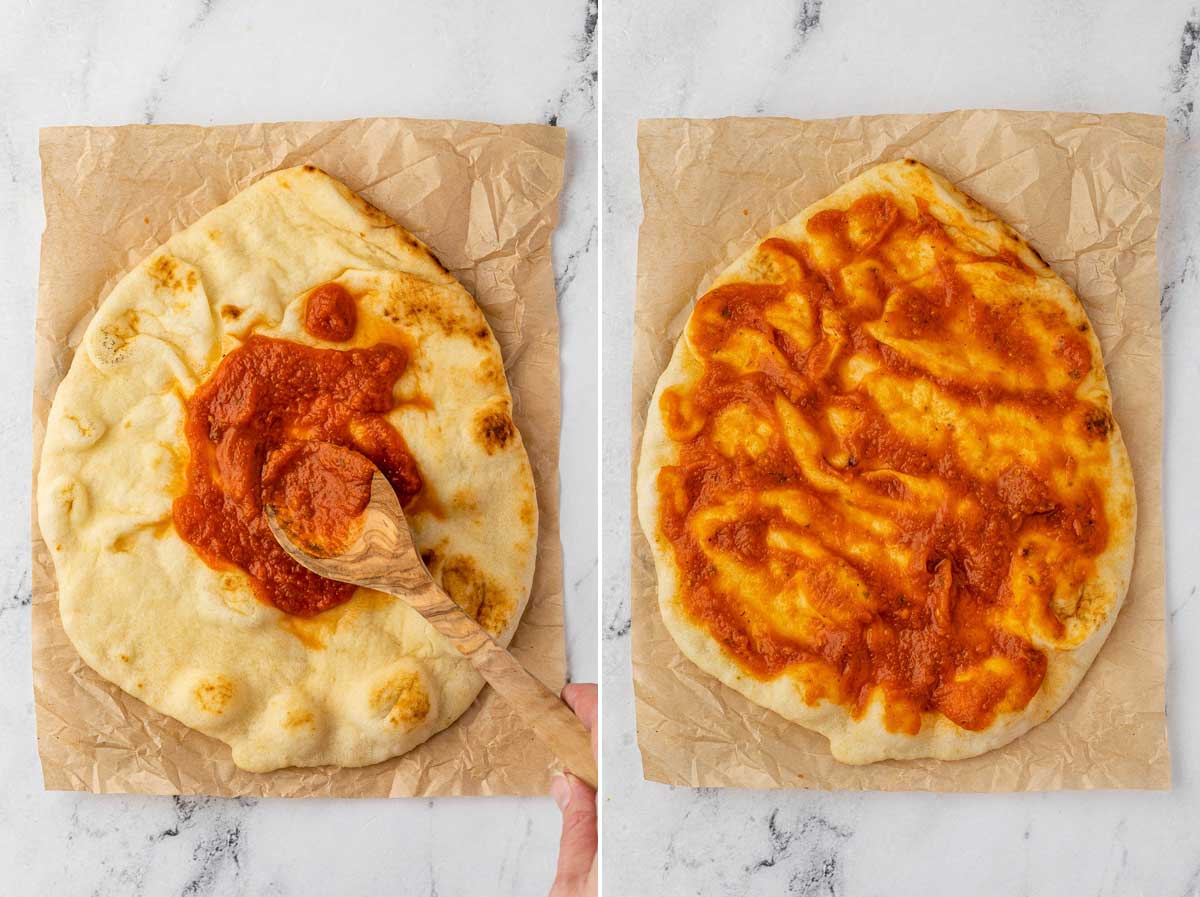 Collage of 2 images showing someone spreading pasta sauce onto a naan pizza from above on brown paper and a marble background.