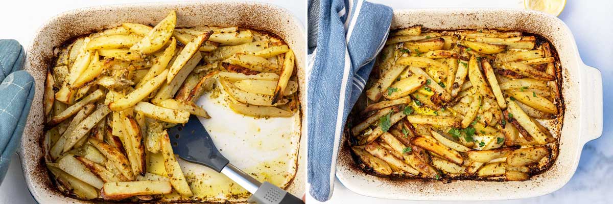 Collage of images showing overhead of someone stirring half-cooked Greek potatoes in a baking dish, and then when fully cooked with a sprinkle of parsley on top, with a blue and white tea towel on the corner.