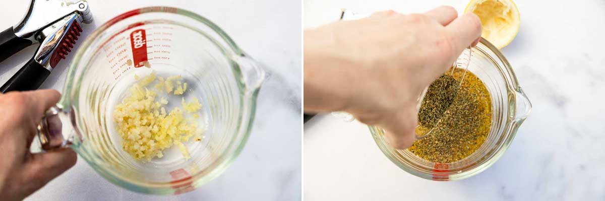 Collage showing someone holding a Pryex jug with crushed garlic in it, and then pouring dried oregano into a Greek marinade, with a garlic crusher and half a lemon in the background.