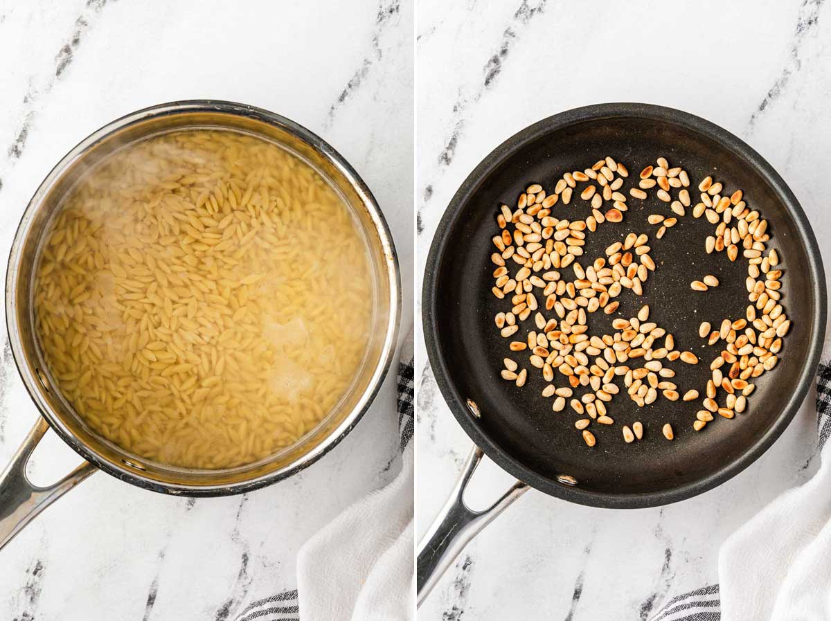 A collage of 2 images overhead showing first orzo pasta boiling in a saucepan and then pine nuts being toasted in a frying pan, both on a marble background.