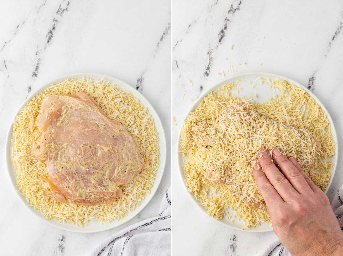 A collage of 2 images showing a chicken breast with mustard on it being pressed into panko crumbs and parmesan and then someone pressing the crumbs onto the other side.