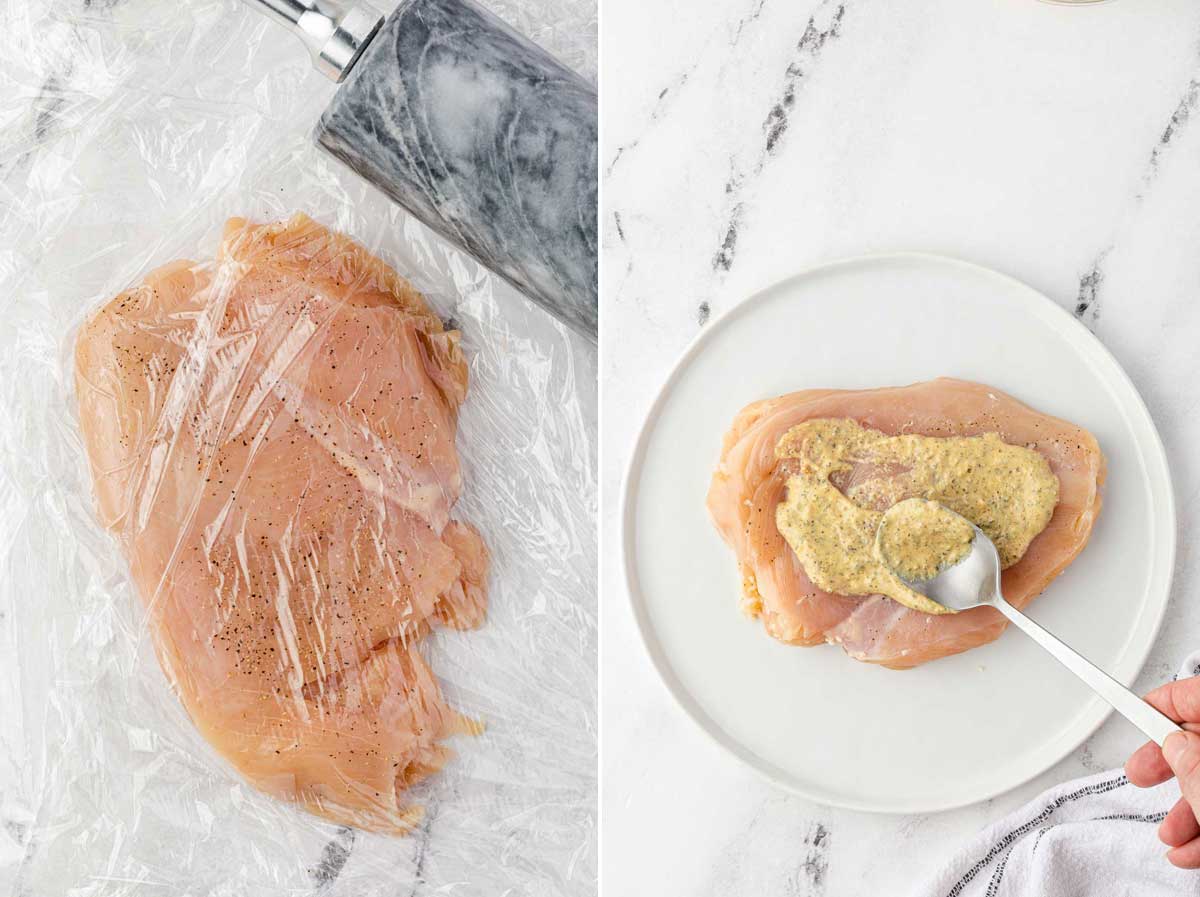 Collage of 2 images showing a chicken breast with a piece of plastic wrap over the top and then someone smearing mustard mixture over the top of the breast on a white plate on marble background.