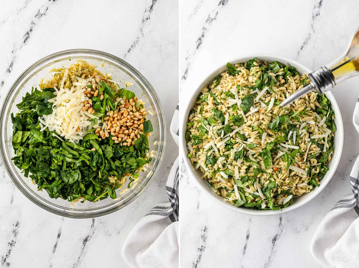 A collage of 2 images showing an overhead of all the ingredients for orzo pesto salad in a bowl and next to it combined with someone pouring olive oil into it, both on a marble background with tea towel.