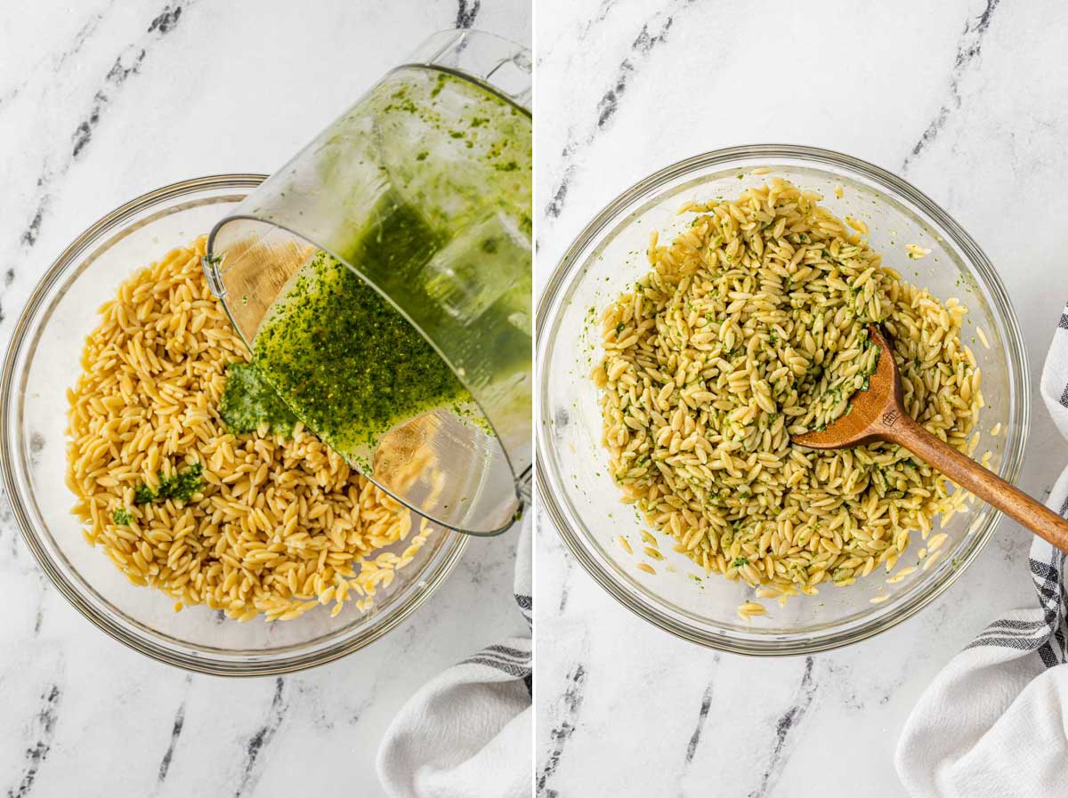 A collage of 2 images showing someone emptying fresh pesto into a bowl of orzo pasta and next to it the pesto stirred into the orzo, all on a marble background.