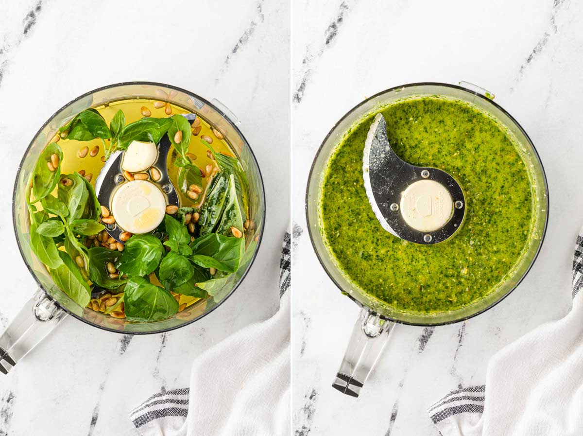 Collage of 2 images showing overhead of a food processor bowl with all pesto ingredients in and again with all the ingredients pulsed together to make pesto, both on a marble background with white tea towel.