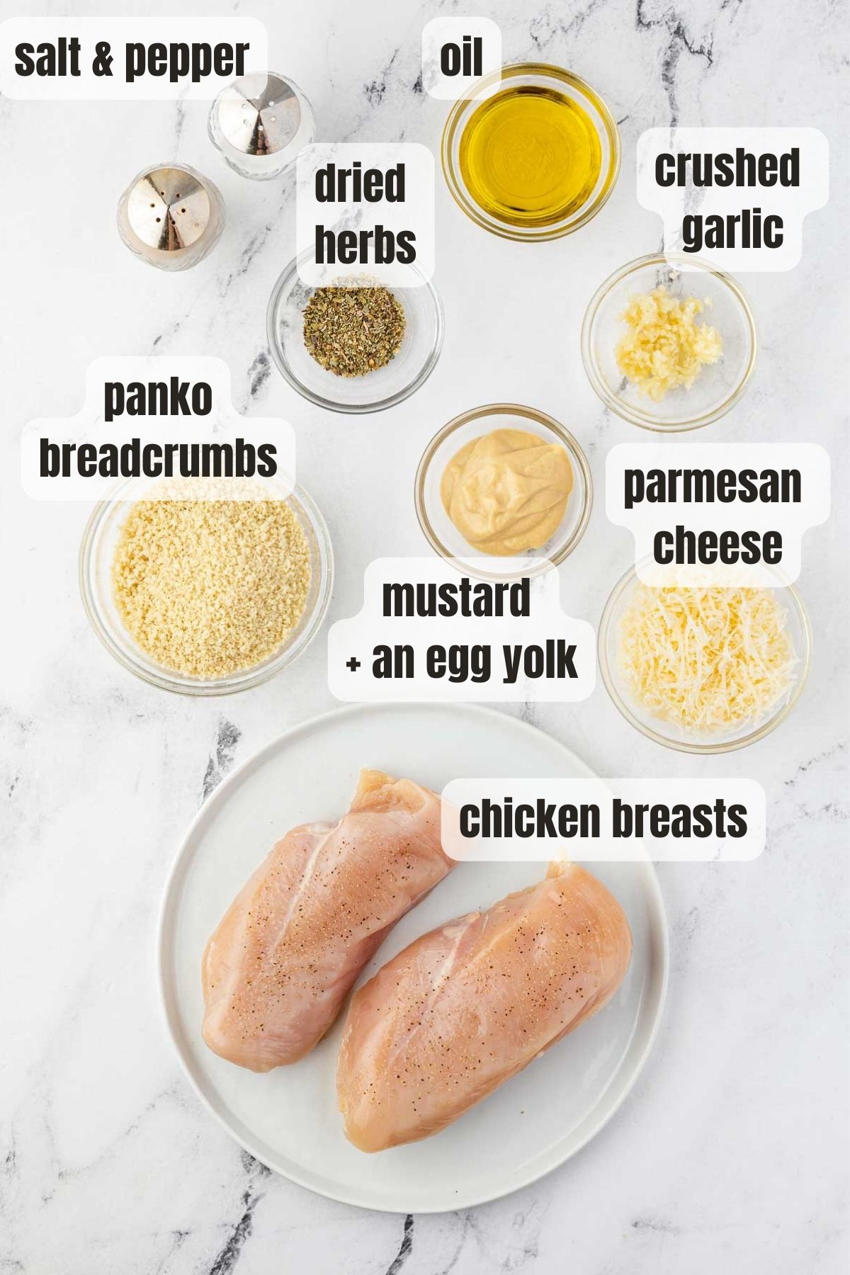 An overhead collage of all the ingredients needed to make panko chicken with mustard and parmesan including 2 chicken breasts, mustard and an egg yolk, salt and pepper, panko breadcrumbs, parmesan cheese, dried herbs, crushed garlic and oil for cooking.