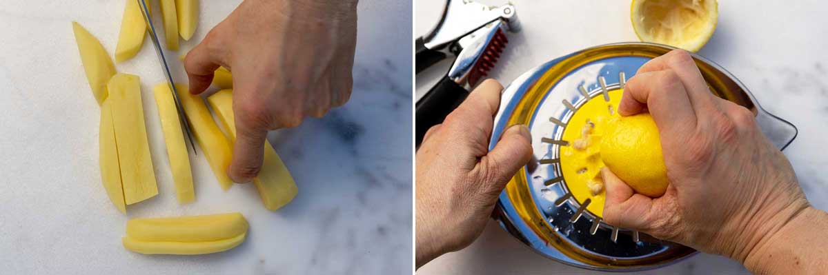 Collage showing overheads of someone cutting potatoes into small wedges and then squeezing half a lemon into a dish with a lemon squeezer.