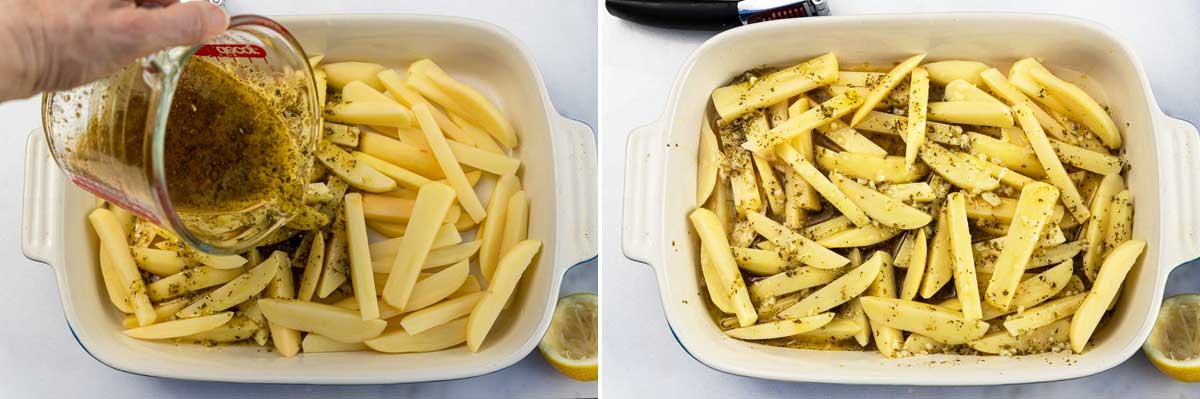 A collage showing overheads of someone pouring marinade over potato wedges in a baking dish and then with the marinade poured all over.