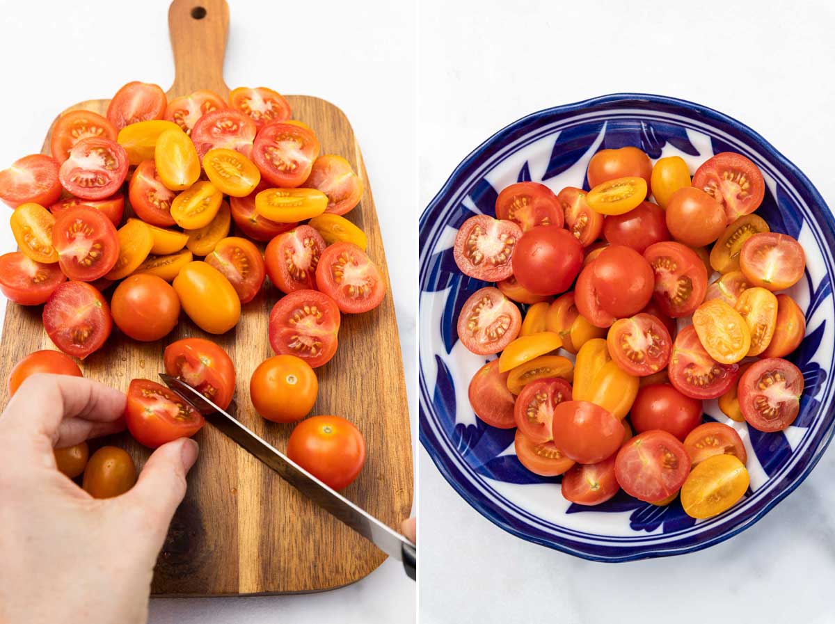 A collage of 2 images showing a closeup of someone chopping cherry tomatoes on a wooden board, and then the chopped tomatoes in a blue patterned bowl on a marble background.