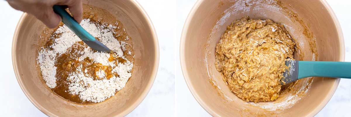 Someone stirring dry ingredients to wet in a large mixing bowl and a green spatula in pineapple banana cake mixture in a large bowl.