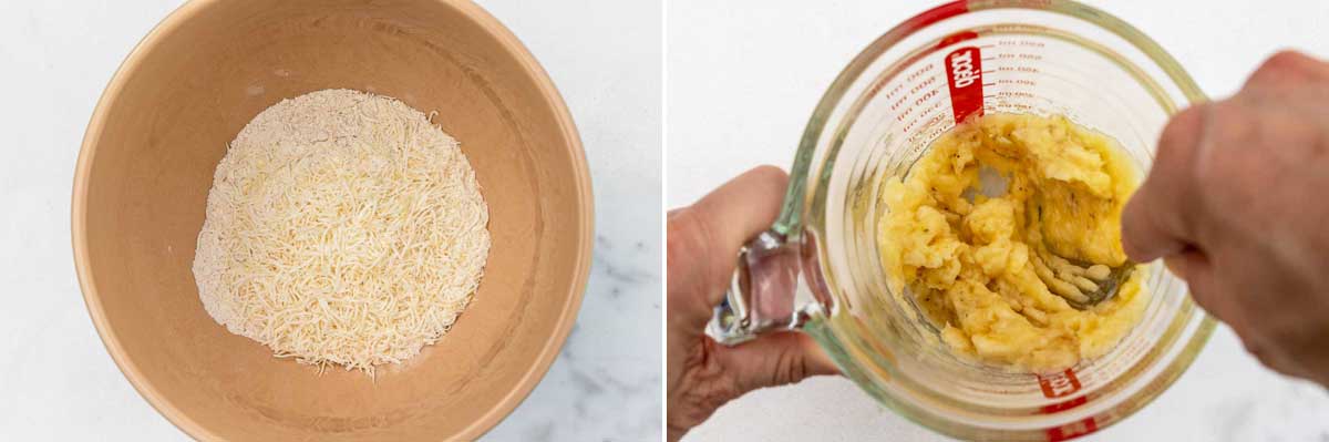 Collage of 2 images showing flour and coconut in a large bowl and then someone mashing ripe banana in a jug.