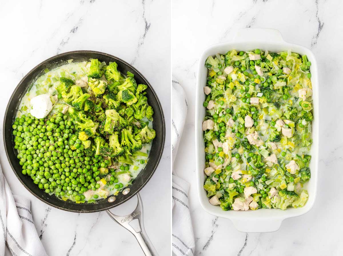 Collage of 2 images showing overhead of a pan of chicken leek pie ingredients on a marble background and then the same ingredients in a white rectangular baking dish.