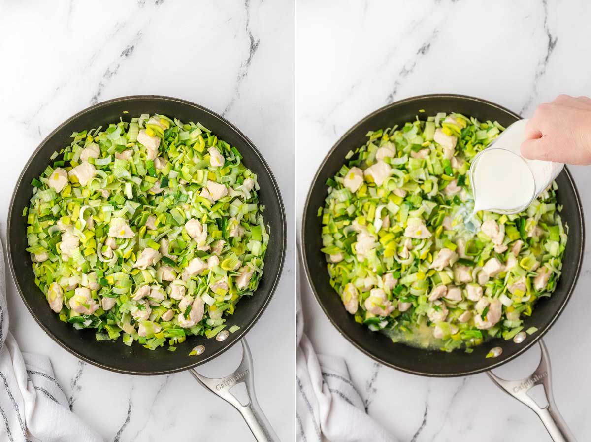Collage of 2 images showing overhead of a frying pan on a marble background first with chicken and chopped leeks in it and second with someone pouring milk into the pan.