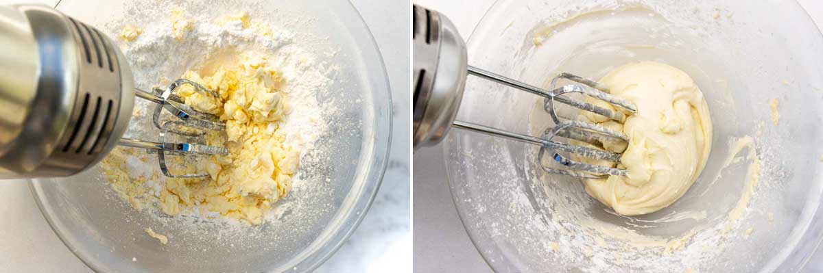 Collage of 2 overhead images showing someone creaming together cream cheese and powdered sugar and the cream cheese frosting finished in the bowl.