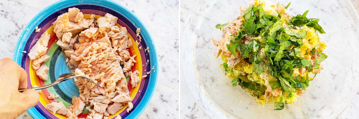 2 images showing someone flaking cooked salmon in a colorful bowl, and then all the ingredients for salmon fishcakes in a Pyrex bowl.
