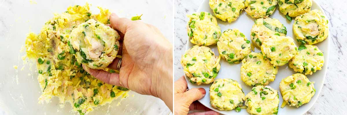 2 images showing someone gathering mixture into a ball to make salmon fishcakes, and then the fishcakes on a white plate with the person holding the plate.