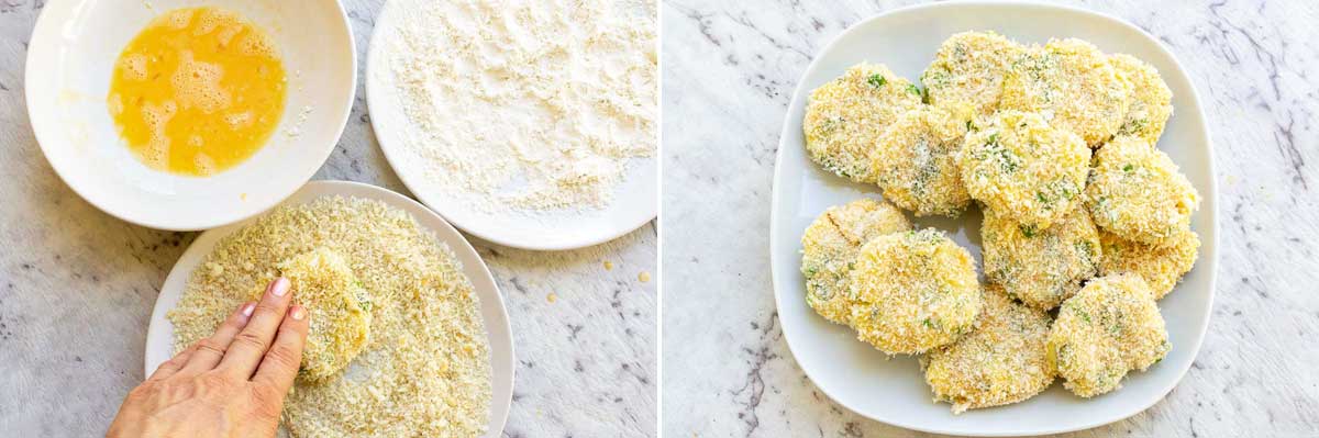 2 images of someone breading salmon fishcakes with 3 dishes of panko, egg and flour and the fishcakes on a white plate ready to be cooked.