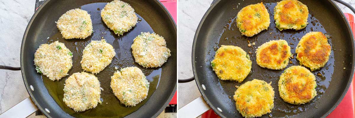 2 images showing uncooked salmon fishcakes in a pan and then crisp and cooked in the same pan.