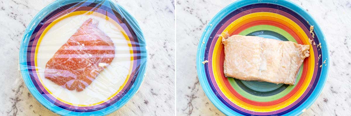 2 images showing salmon in milk in a colorful dish with plastic wrap over the top and then after being microwaved in the bowl.