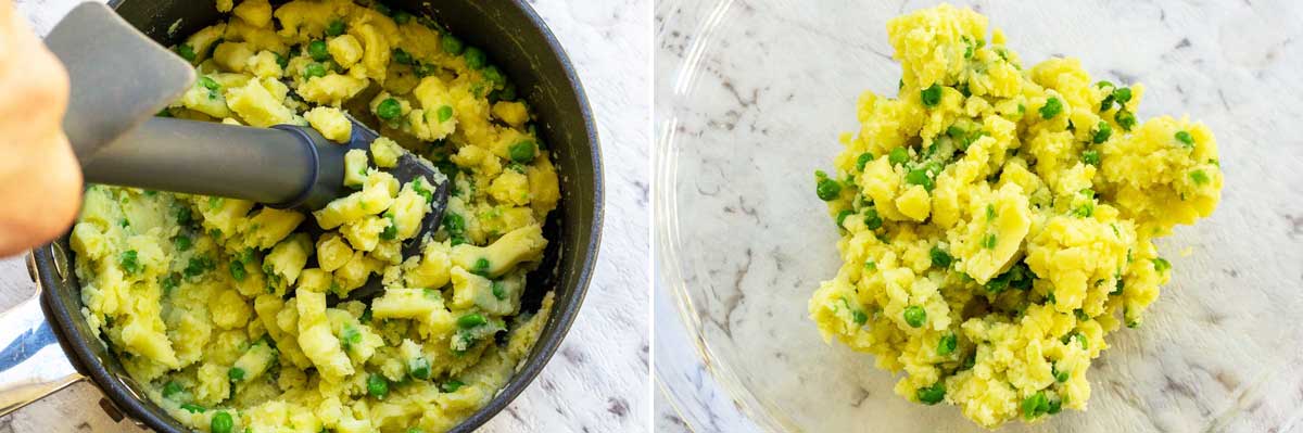 2 images showing someone mashing potatoes and peas in a saucepan and then the mash ready in a clear bowl.