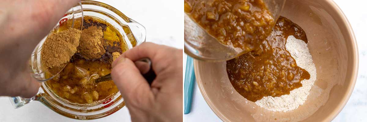 Closeup overhead shot of someone mixing together all the wet ingredients for a pineapple banana cake and then pouring it into the dry ingredients in a large mixing bowl.