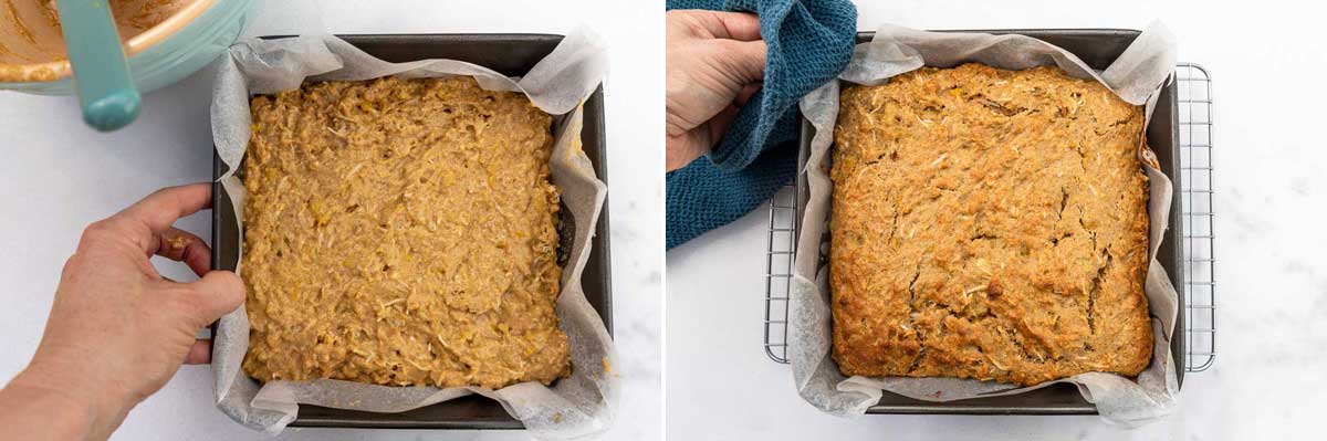 Overhead view of someone holding a square baking pan with unbaked and then baked pineapple banana cake on a marble background.