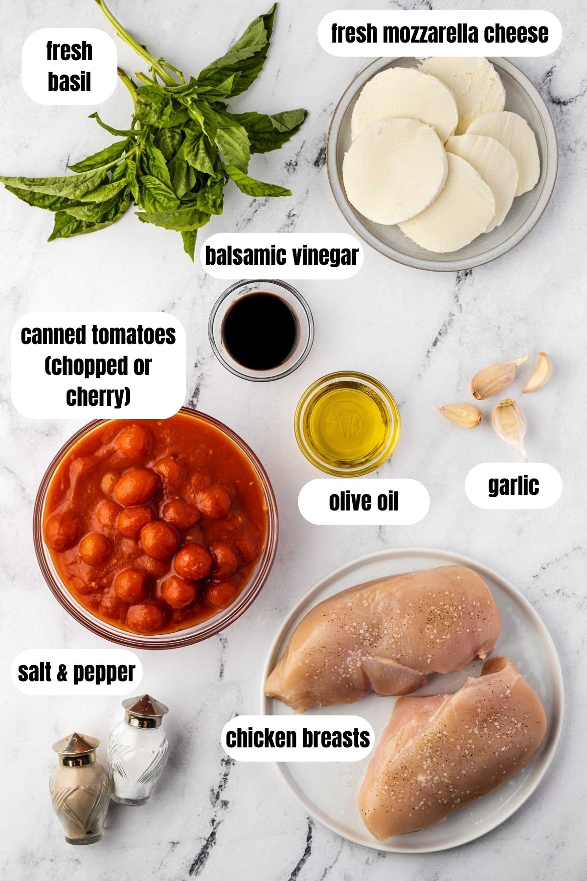 Collage of all the ingredients needed to make chicken pizzaiola, including 2 chicken breasts, salt and pepper pots, canned cherry tomatoes, olive oil, garlic, balsamic vinegar, fresh sliced mozzarella and fresh basil.