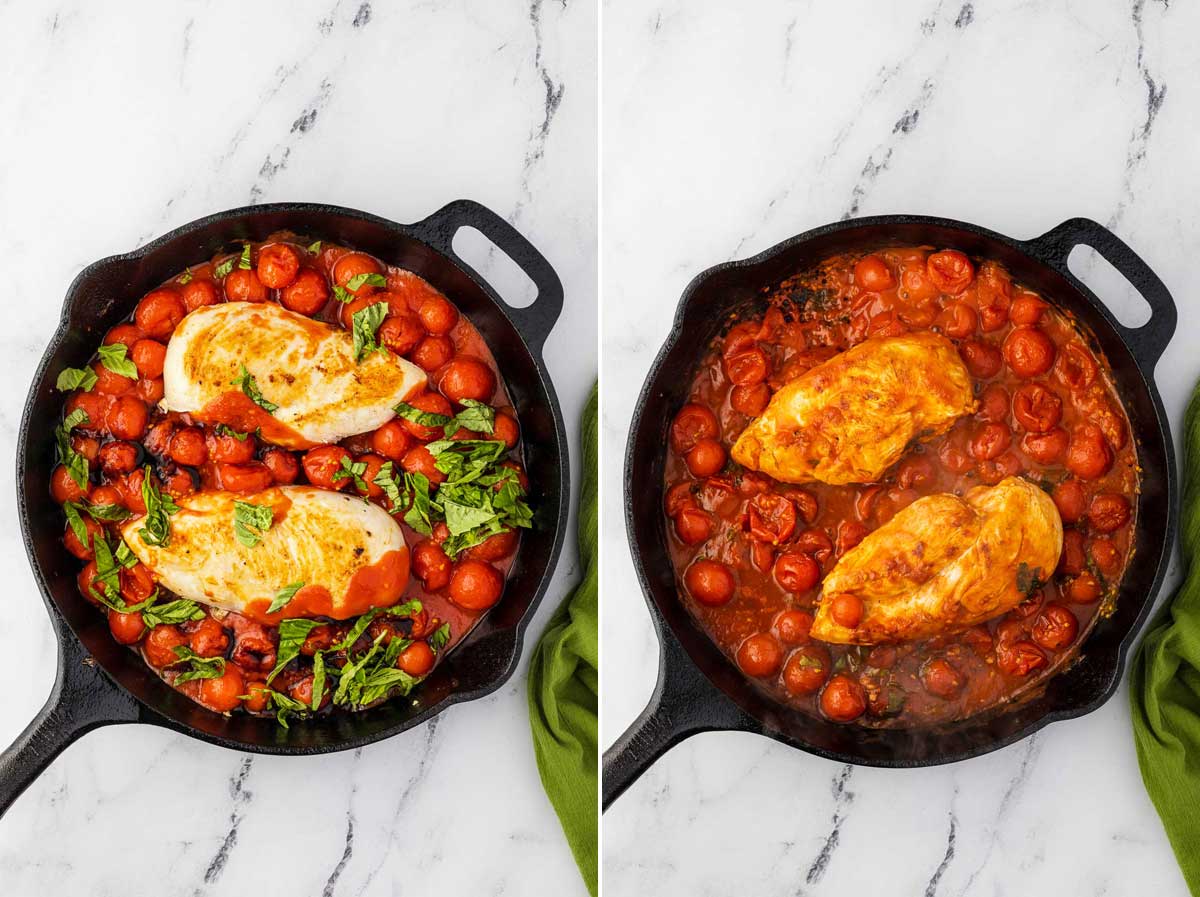 Collage showing cherry tomato sauce in a cast iron pan first with cooked chicken breasts, cherry tomatoes and fresh basil and then with the sauce cooked and mixed with the basil, all on a marble background.