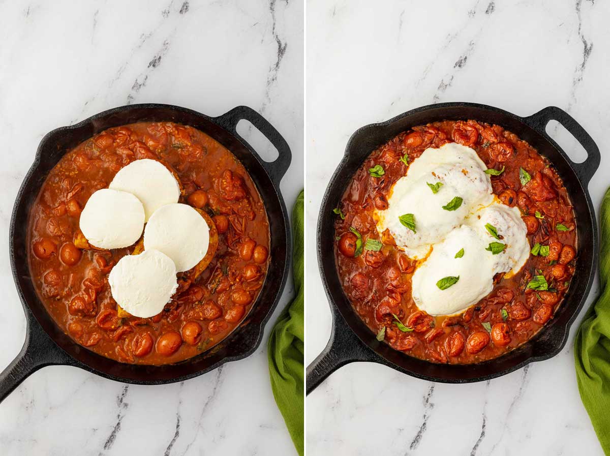 Collage showing cherry tomato sauce in a cast iron pan first with chicken and fresh mozzarella cheese on top and then with the cheese melted and chopped basil on top, all on a marble background.