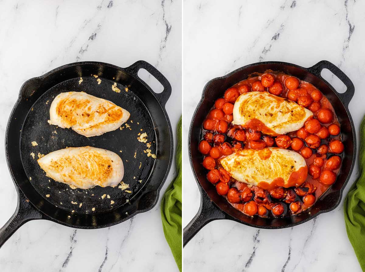 Collage showing cooked chicken breasts and garlic in a cast iron pan and then with canned cherry tomatoes and balsamic vinegar all around the chicken, all on a marble background.