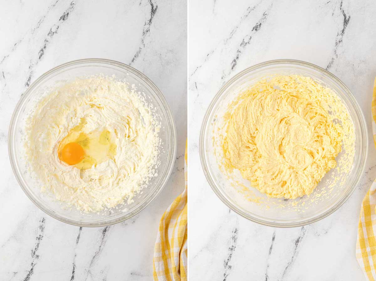 Collage of 2 images showing making cake batter in a glass bowl on a marble background, first with an egg being added and secondly with the egg blended in.