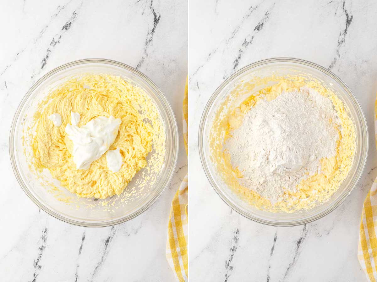 Collage of 2 images showing a glass bowl with cake batter on a marble background first with Greek yogurt being added and second with flour being added.