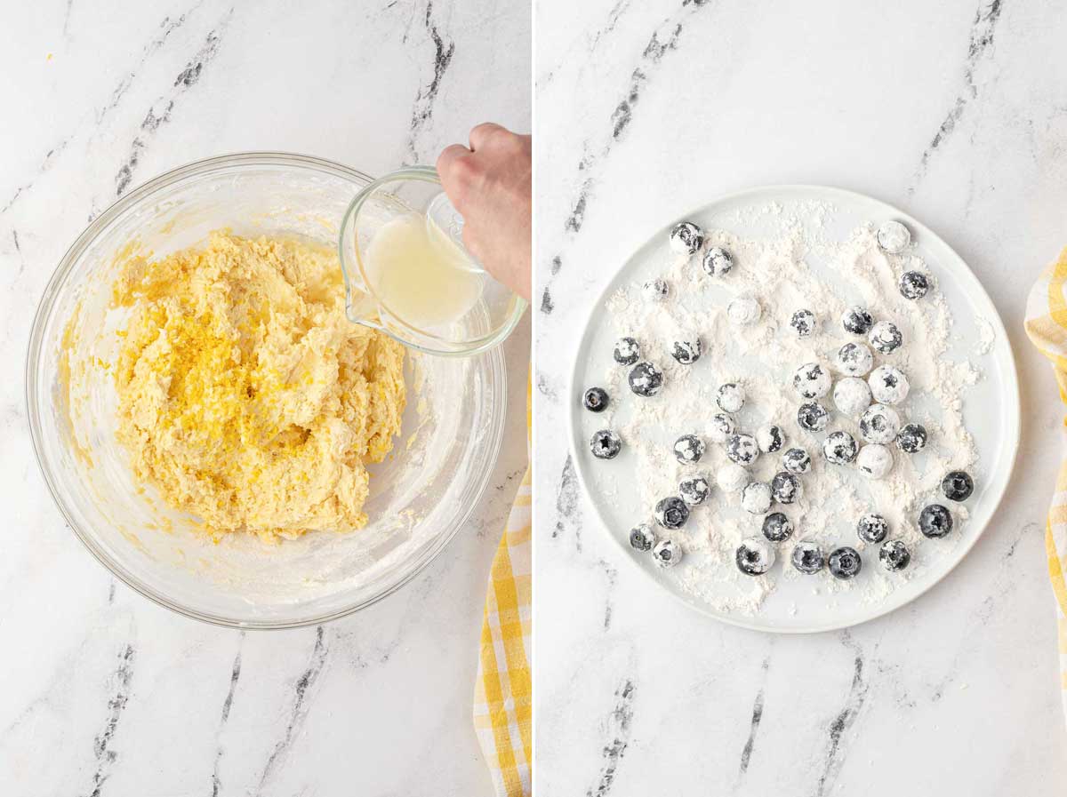 Collage of 2 images showing cake batter in a glass bowl on a marble background and a plate of blueberries rolled in flour on a white plate.