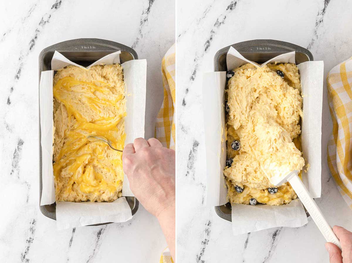 Collage of two images on a marble background with a lemon curd loaf cake batter in a lined loaf pan with someone layering in lemon curd and blueberries and then adding more batter on the top.