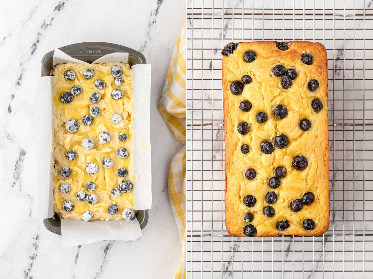 Collage of 2 lemon curd cakes with blueberries on top from above, one ready to go in the oven on a marble background and the other just baked on a cooling rack.