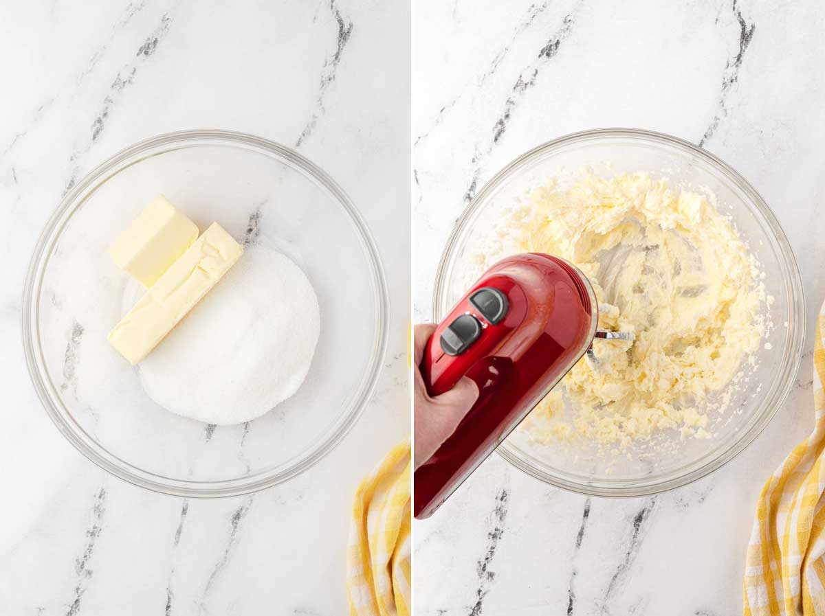 Collage of 2 images showing sugar and butter in a glass bowl on a marble background and then someone blending the two together with a red handheld whisk.