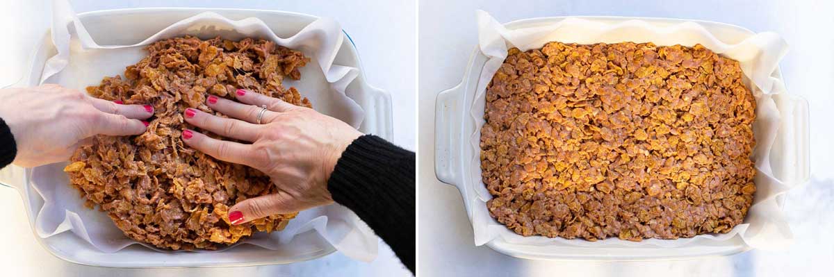 Collage of 2 images showing someone pressing peanut butter cornflake mixture into a large rectangular baking dish.