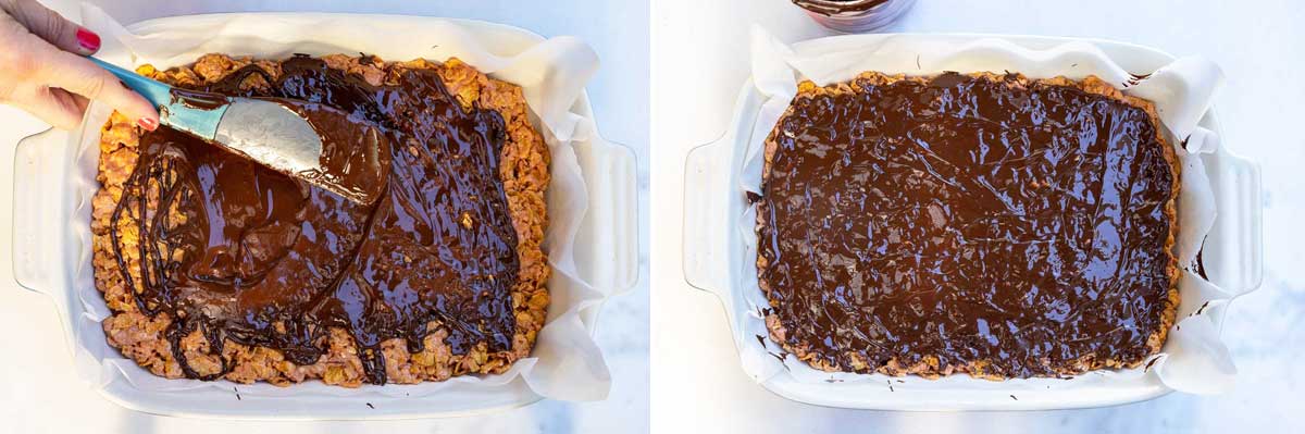 A collage of two images showing overhead of a baking dish with someone spreading melted chocolate onto cornflake bars and then with the chocolate all spread over the top.