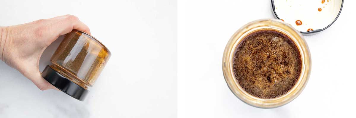 Collage of 2 images showing someone shaking a balsamic salad dressing and the jar of dressing opened and photographed from above on a white background.
