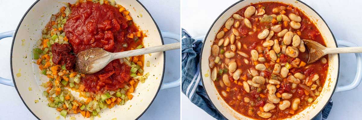 A collage of 2 images showing vegetables and herbs and tomato in a blue cast iron pan on a marble background and then all the ingredients including canned beans ready to be cooked in the pan on the stove, with a blue and white tea towel at the side.