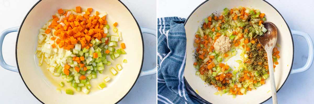 A collage of 2 images showing overheads of chopped carrot, onion and celery in a cast iron pan with olive oil and then cooked with garlic paste and dried oregano being added and a wooden spoon in the pan with a blue and white tea towel on the left.